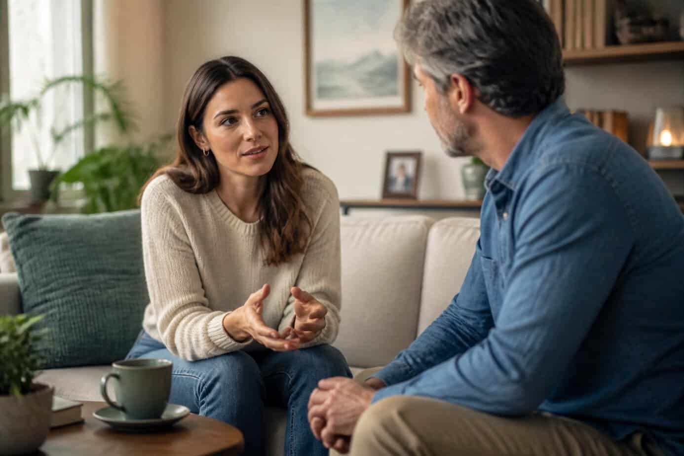 An adult woman and a middle-aged man sitting in a living room, having a caring and open conversation.