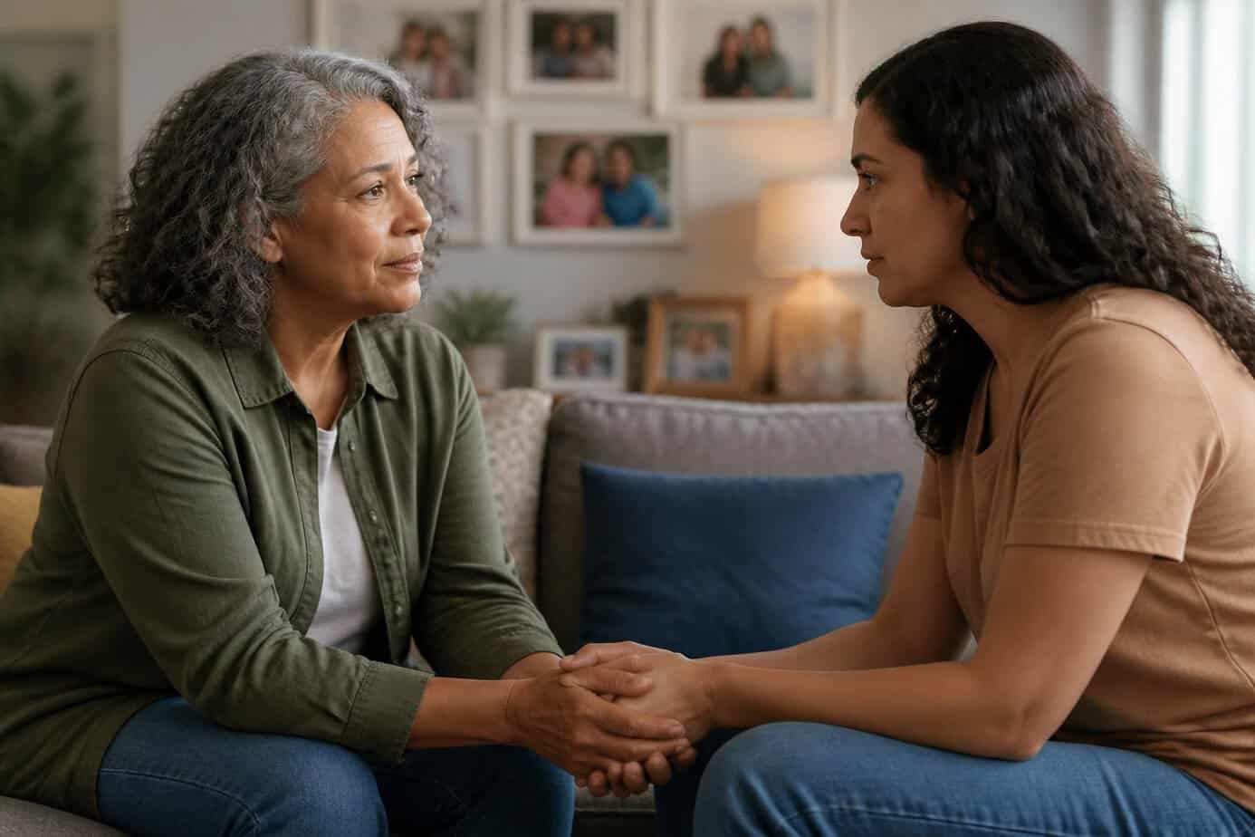 A middle-aged parent sincerely apologizing to their adult child while holding hands in a cozy living room.