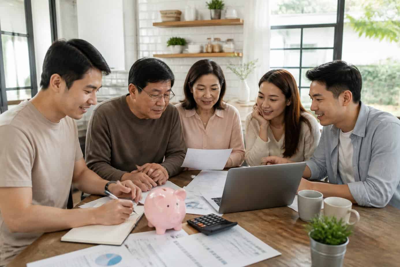 A family of adult children and their parents sitting around a kitchen table discussing finances with documents and a laptop.