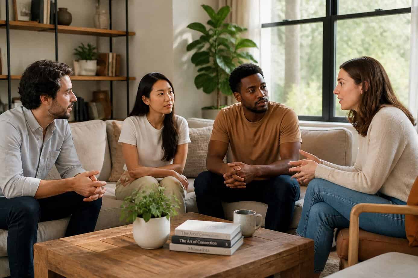 A group of adults sitting together in a living room, having a respectful and attentive conversation.
