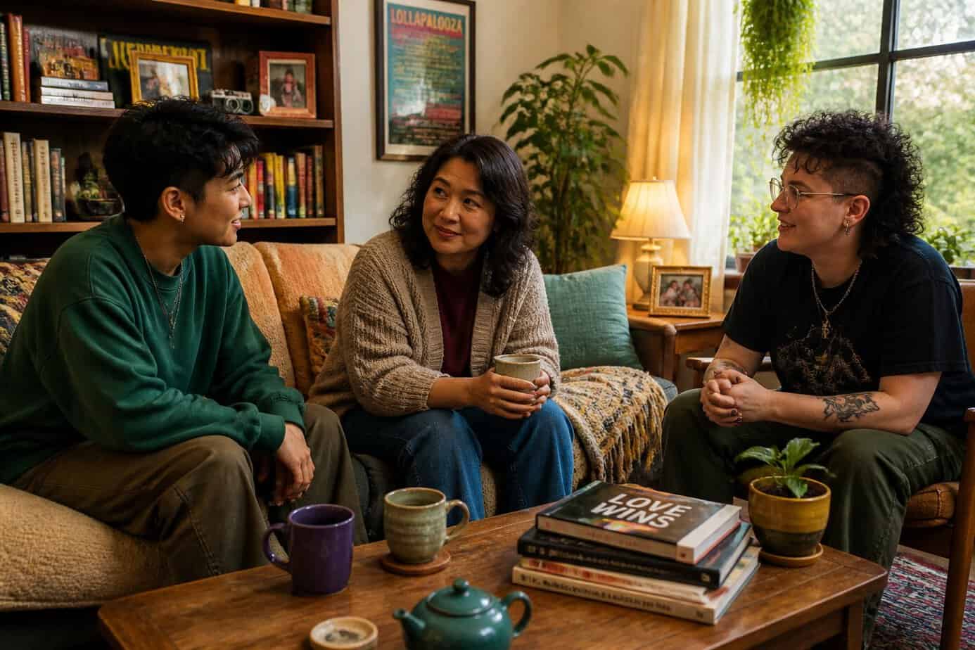 Three family members sitting together in a cozy living room having a supportive and open conversation.