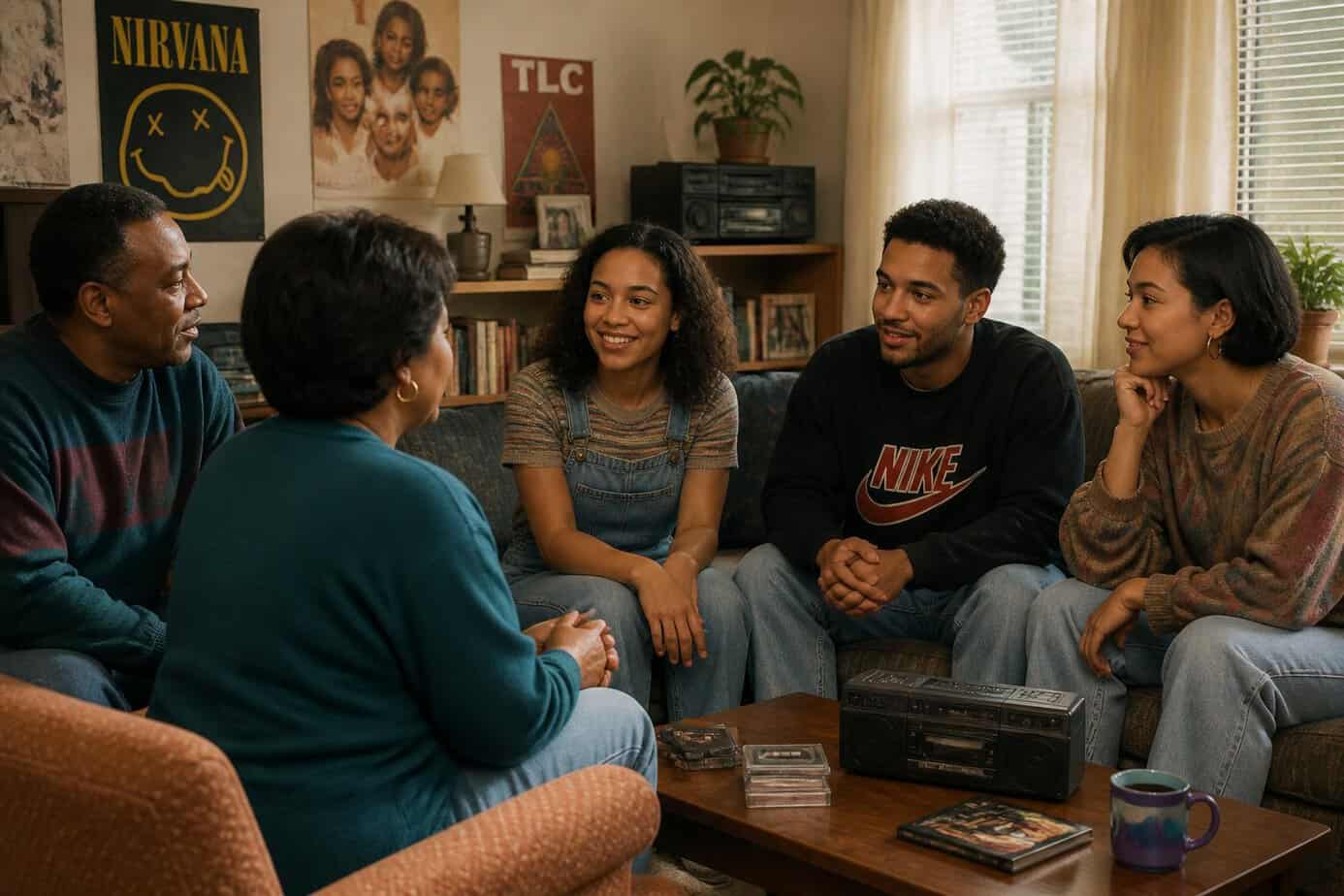 A group of adult children and their parents sitting together in a living room, having a warm and supportive conversation.