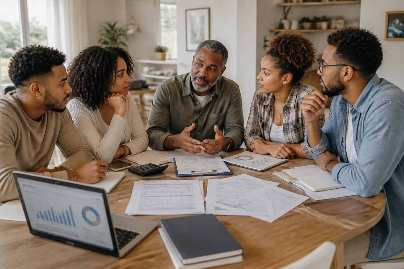 A group of adults and a parent sitting around a table reviewing financial documents and using a laptop, learning about taxes, credit scores, and insurance.