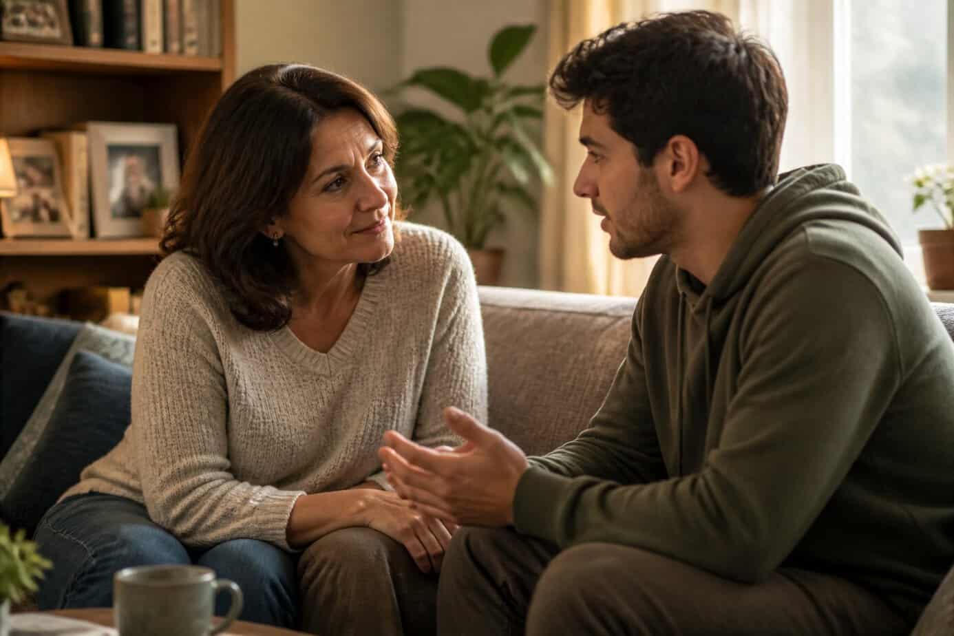 A middle-aged parent and adult child sitting closely together in a living room, sharing a heartfelt conversation with caring expressions.