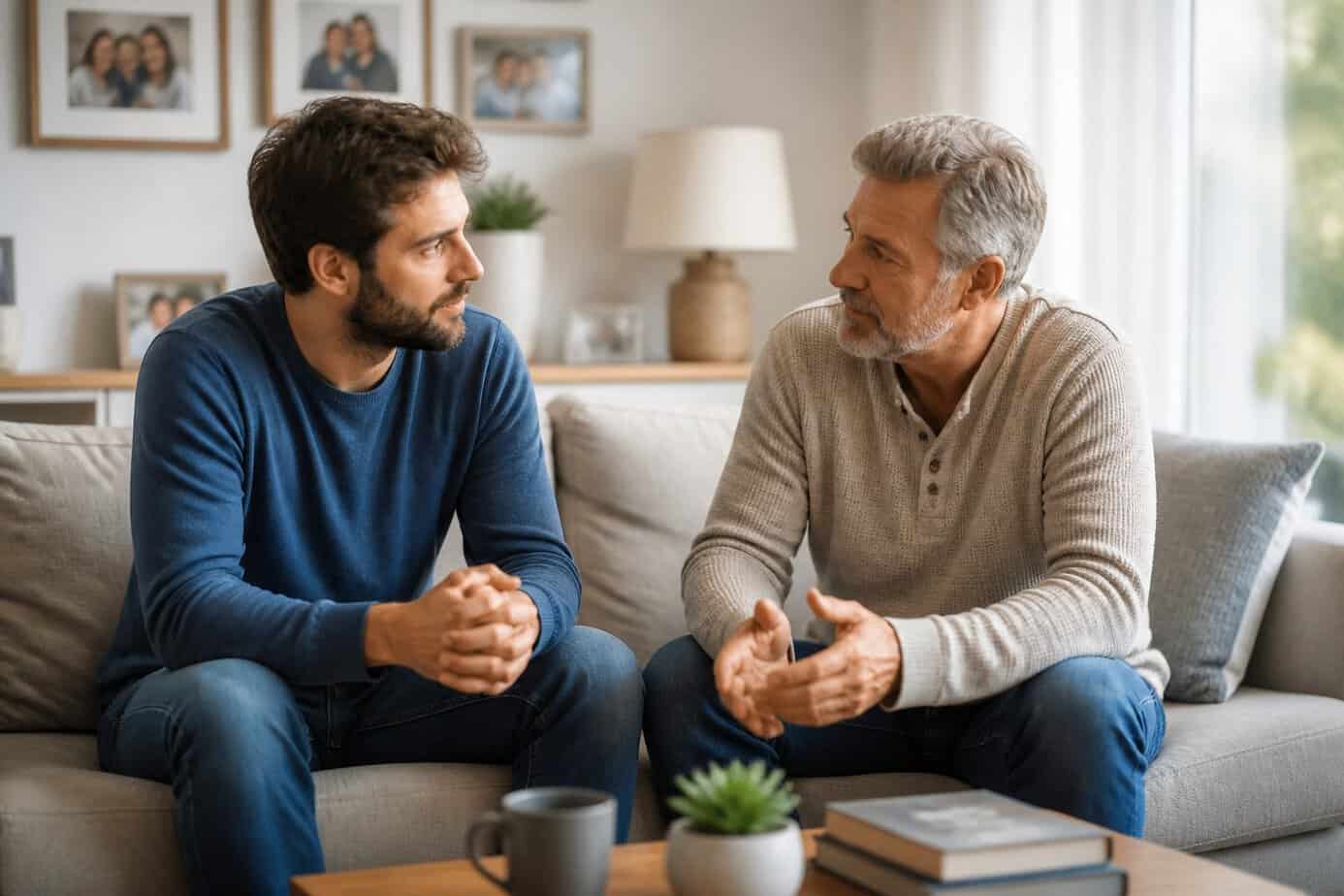 An adult child and parent sitting together in a living room, having a calm and respectful conversation.