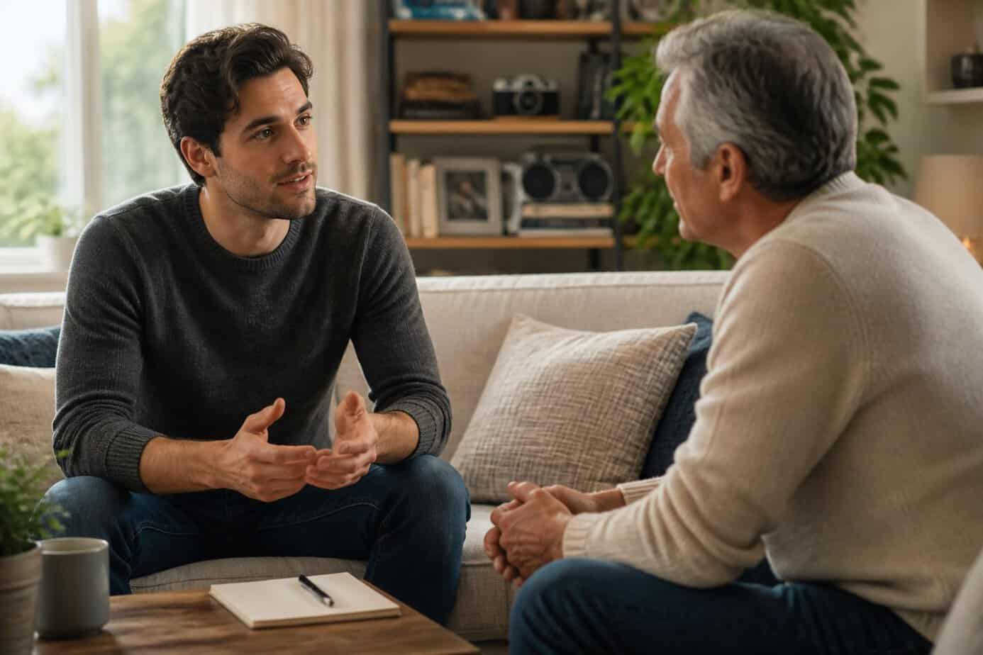 An adult child and their parent having a calm and supportive conversation in a bright living room.