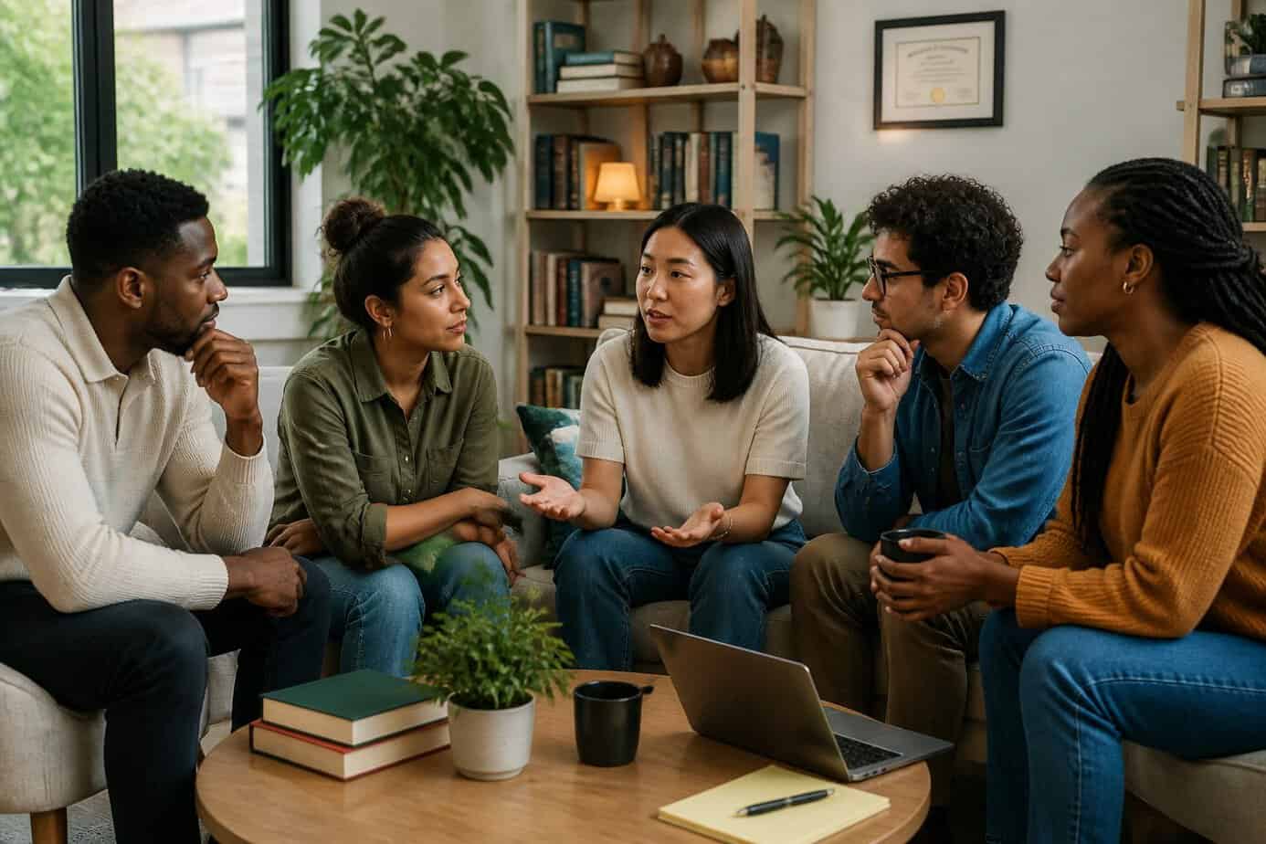 A diverse group of adults having a supportive and thoughtful conversation in a bright living room with books and a laptop in the background.