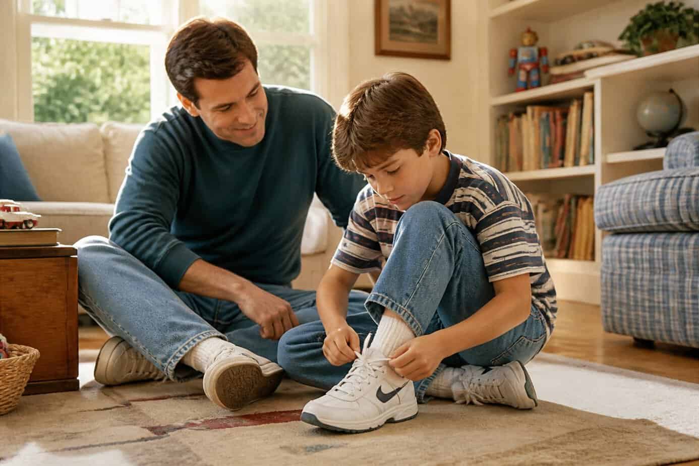 A parent encouraging their young child who is trying to tie their shoelaces in a cozy living room.