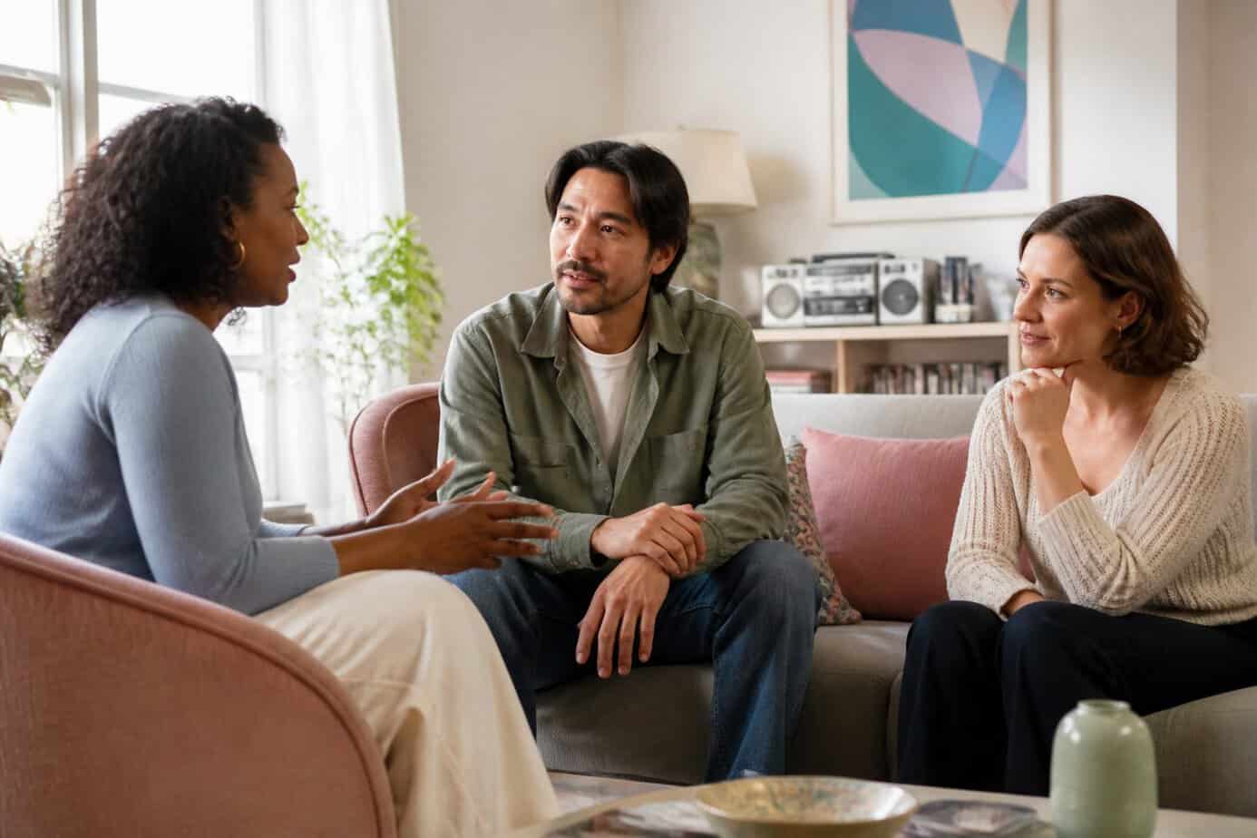 Three adults sitting in a living room having a calm and respectful conversation.