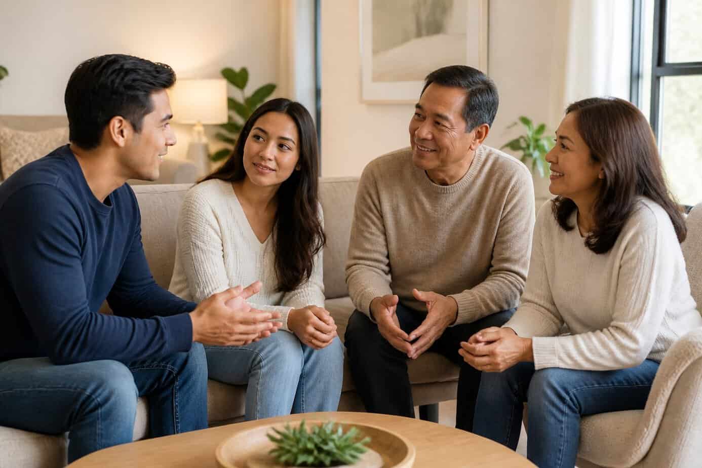 A family of four sitting together in a living room having a calm and open conversation, showing understanding and connection.