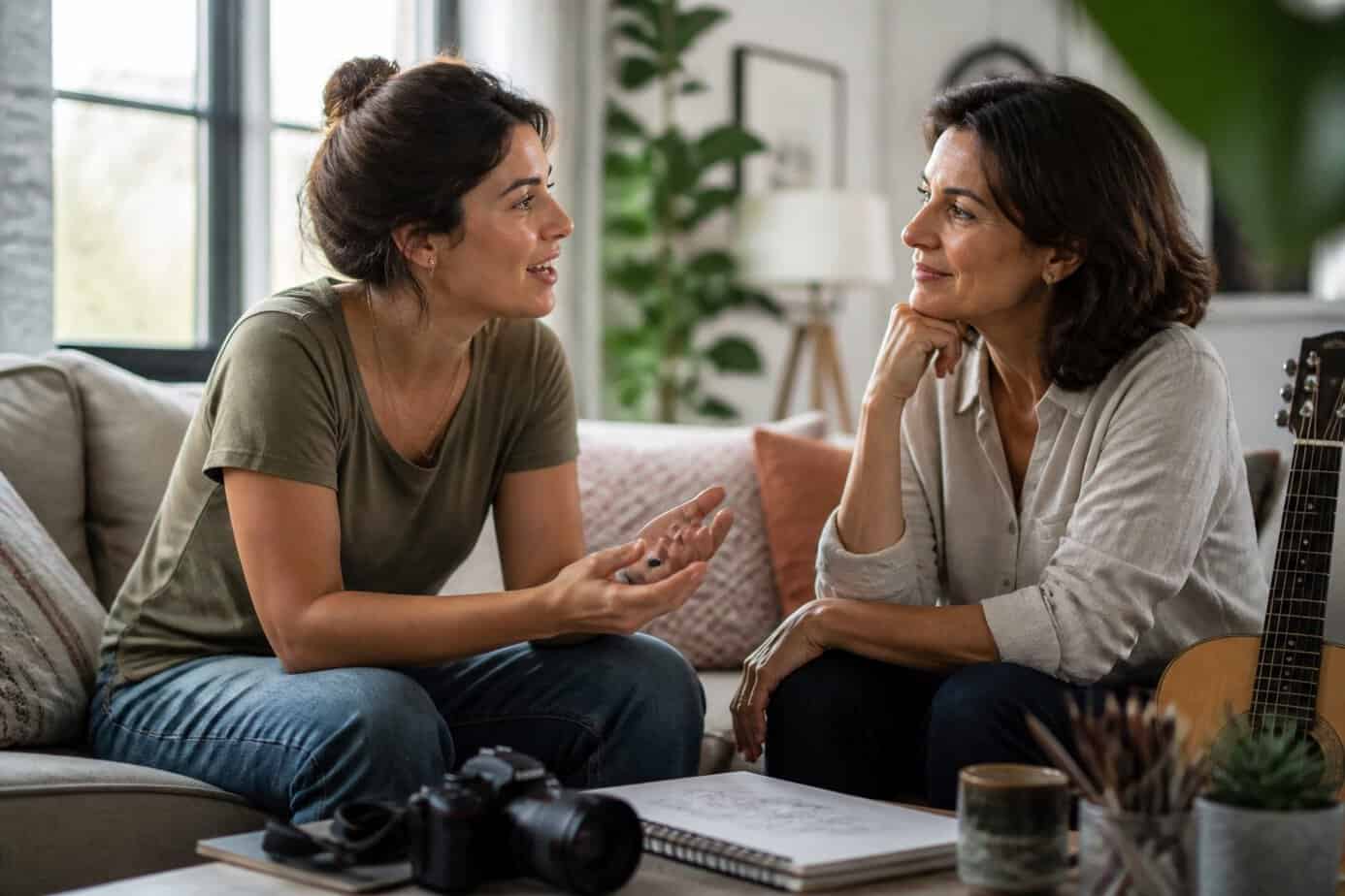 An adult child and their parent having a supportive conversation in a cozy living room.