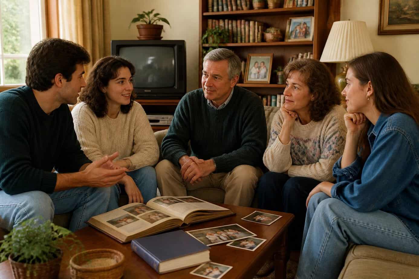 A family of adult children and their parents sitting together in a living room, talking and sharing a warm moment.