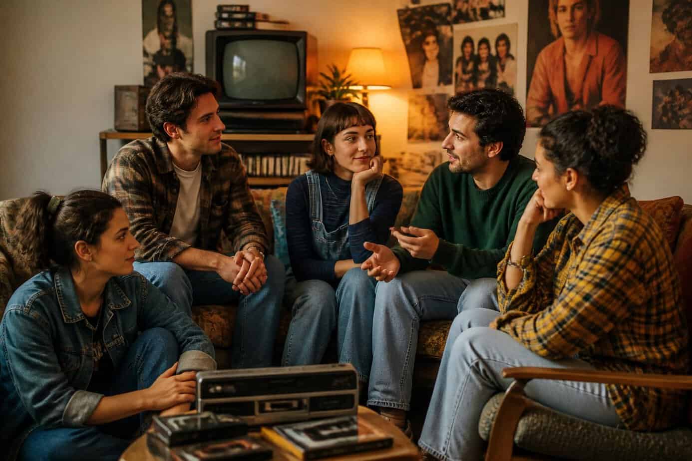 A group of adults sitting together in a living room, engaged in a thoughtful conversation.