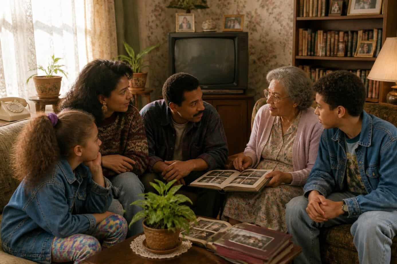 A family of four generations in a cozy 1990s living room having a heartfelt conversation surrounded by vintage decor.