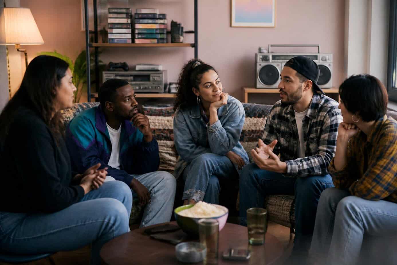 A group of adult men and women sitting together in a living room, engaged in a thoughtful conversation with nostalgic 1990s items in the background.