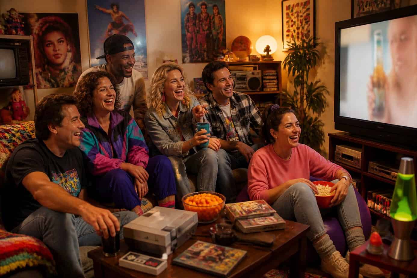 A group of adults in their 40s enjoying watching TV together in a living room decorated with 80s and 90s memorabilia.