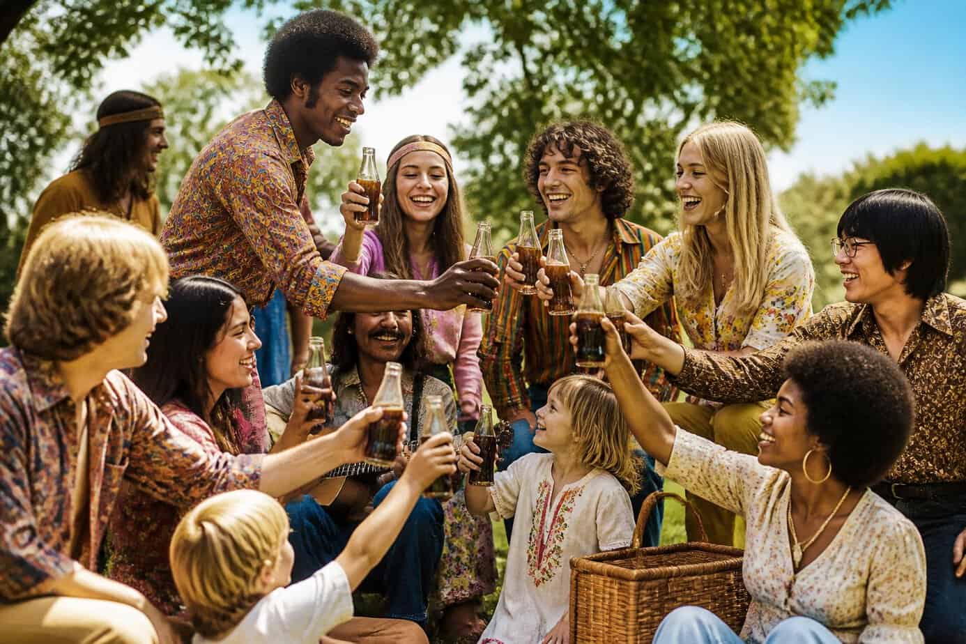 A diverse group of people outdoors in a park, smiling and sharing Coca-Cola bottles on a sunny day.