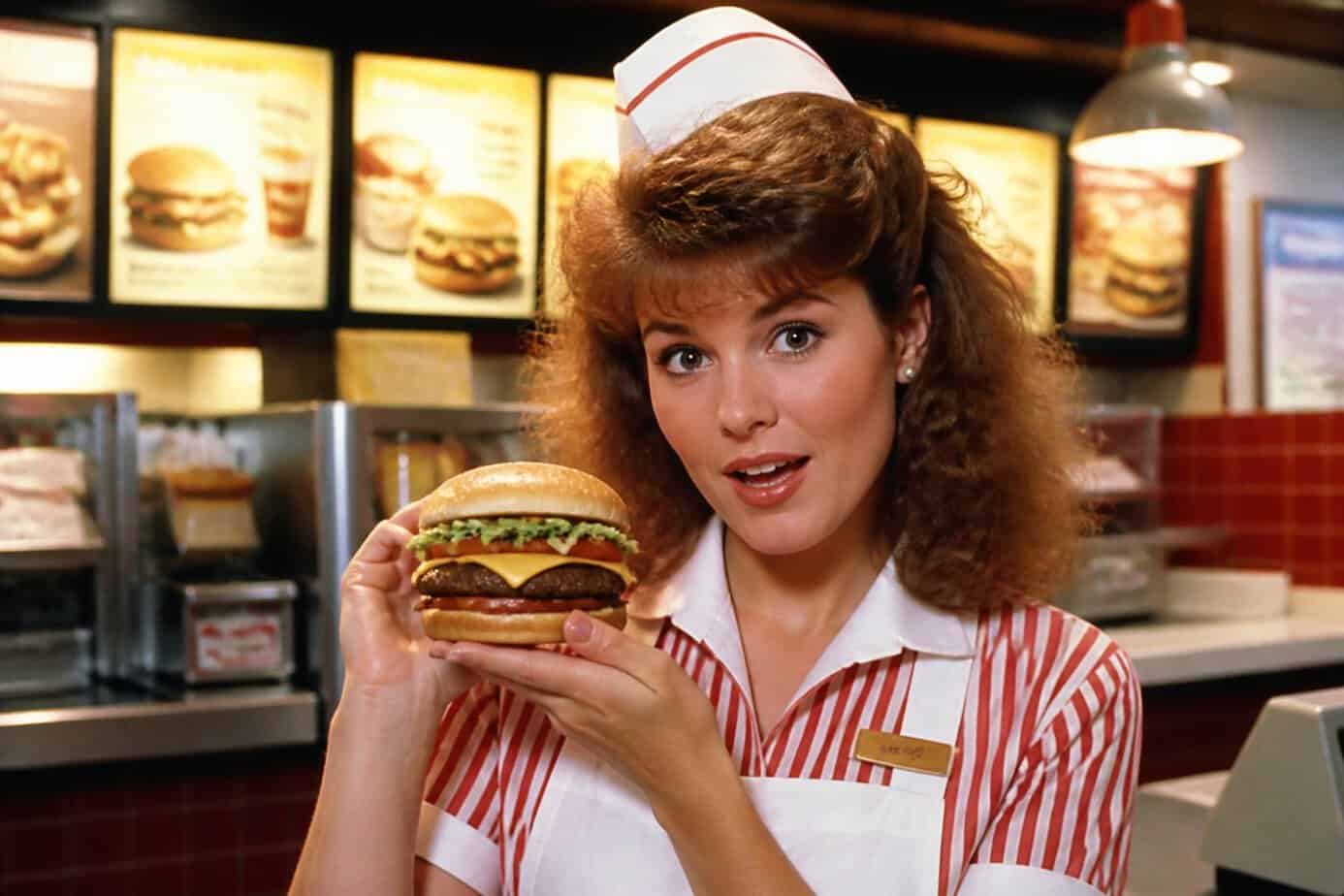 A female fast food worker in a retro uniform holding a large hamburger at a bright restaurant counter, looking surprised.
