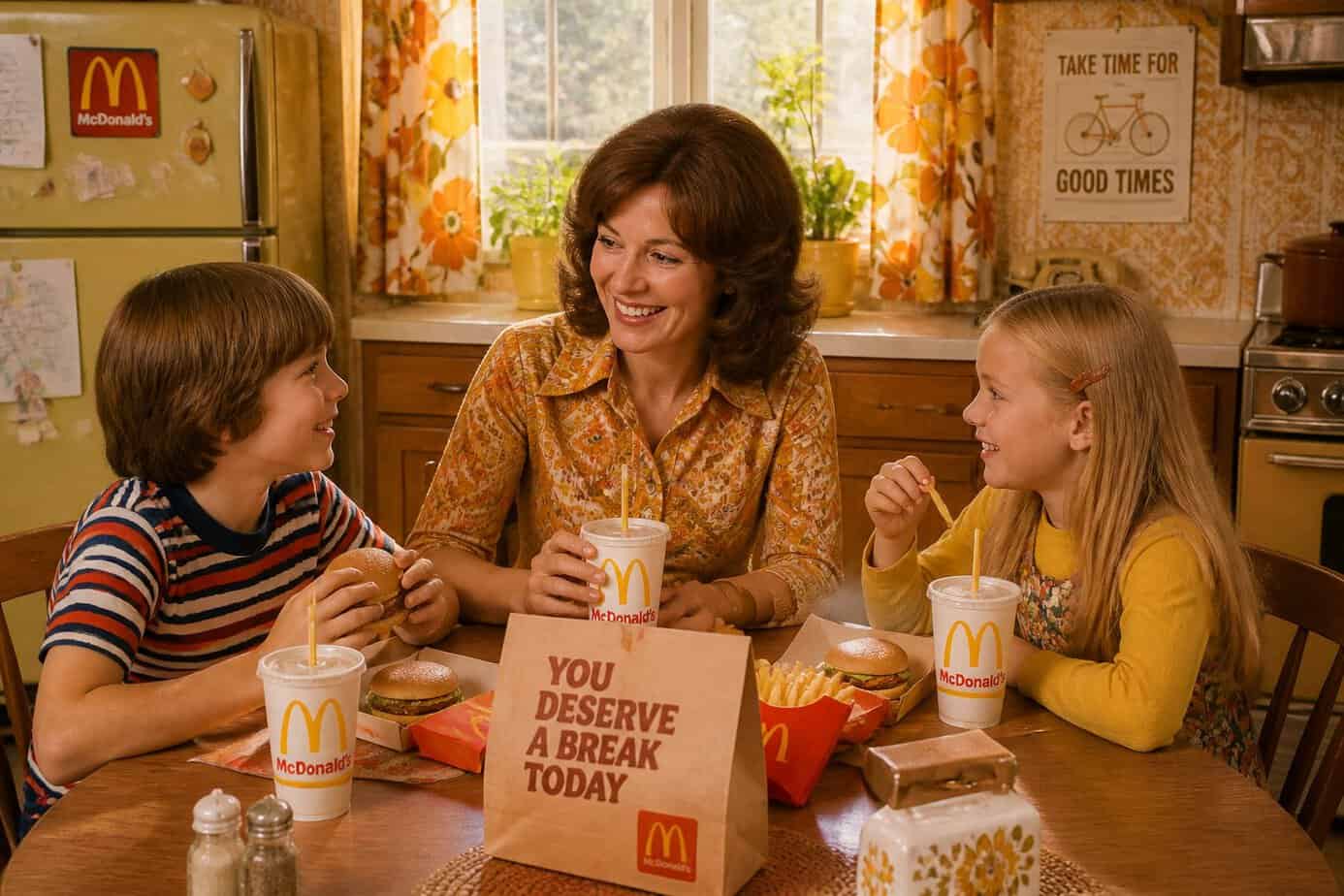 A family of three enjoying a meal with hamburgers and fries around a kitchen table in a cozy 1970s-style kitchen.