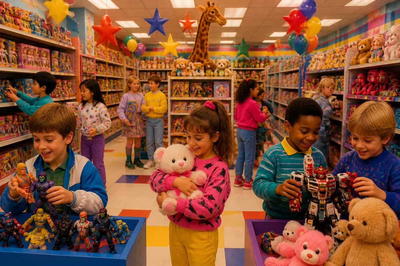 Children playing happily inside a colorful 1980s toy store filled with shelves of classic toys.