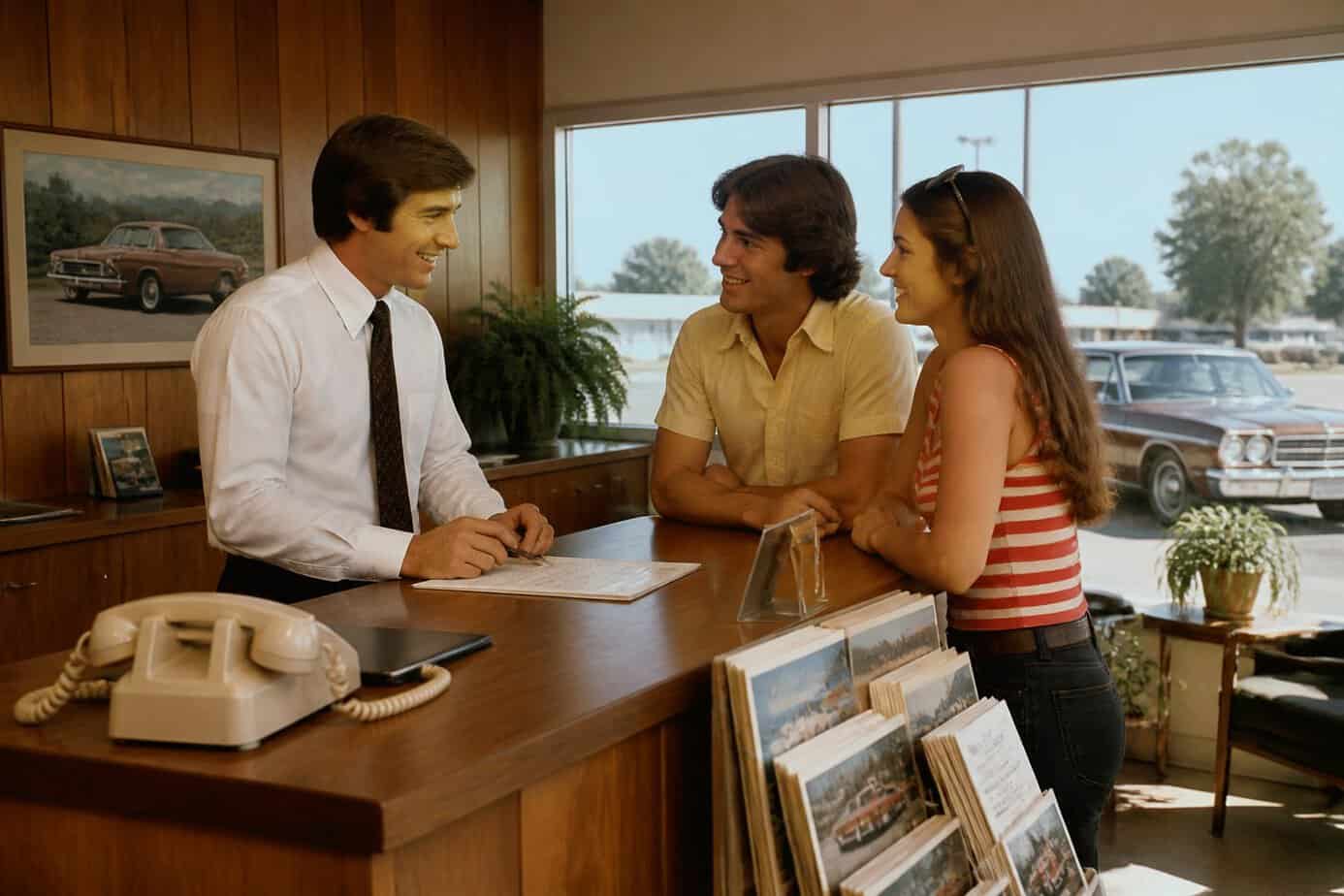 A man behind a counter helps a young couple in a vintage car rental office with classic decor and a car visible outside.