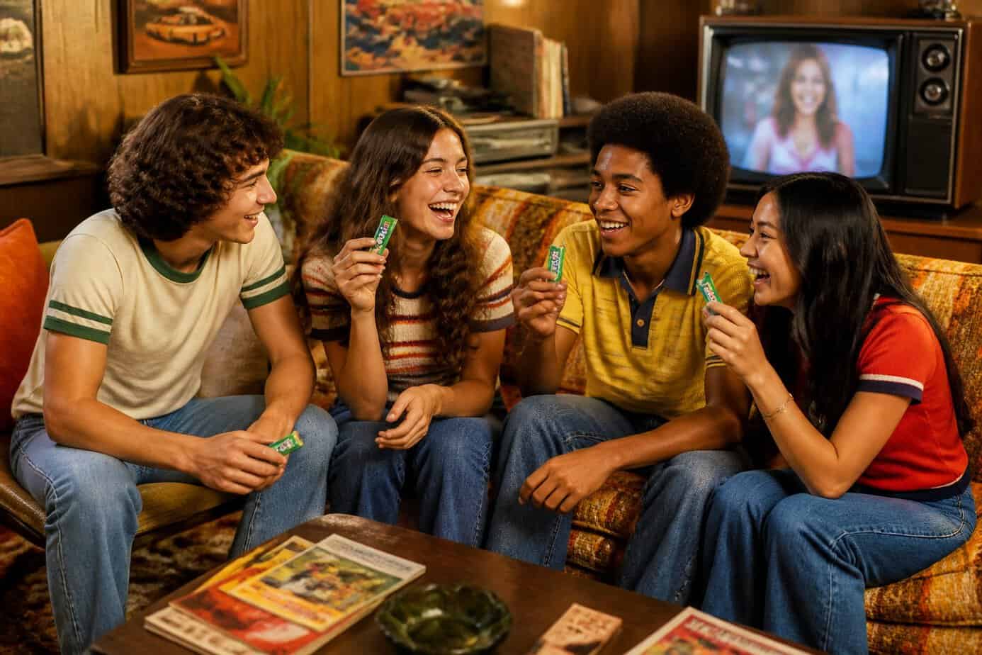 Four young friends sitting on a couch in a 1970s living room, smiling and sharing packs of gum.