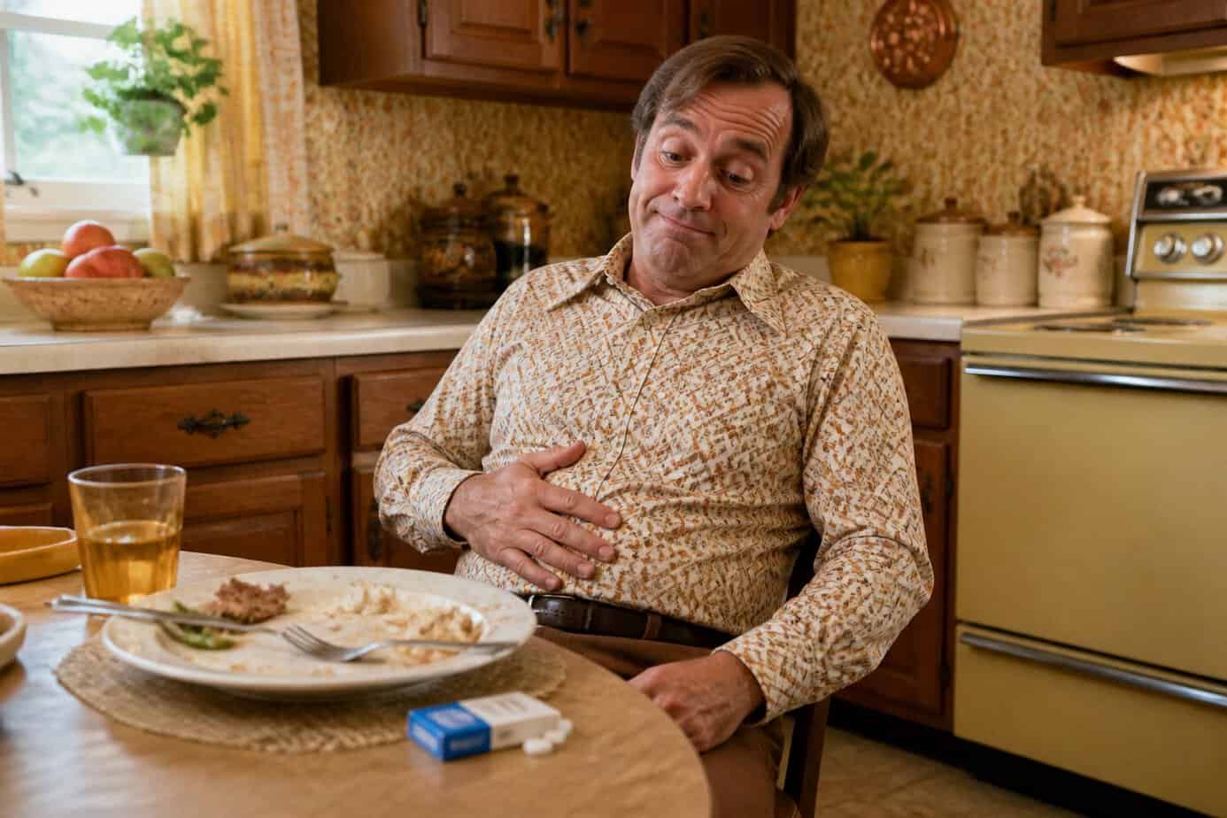 A middle-aged man in a 1970s kitchen holding his stomach, sitting at a table with a finished meal and a glass of water.