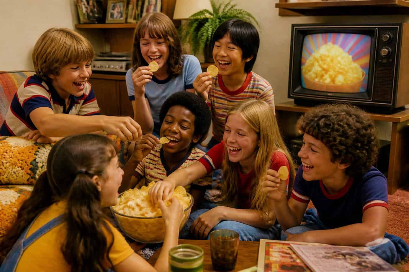 A group of children from the 1970s-80s happily sharing and eating potato chips in a cozy living room with a vintage television playing in the background.