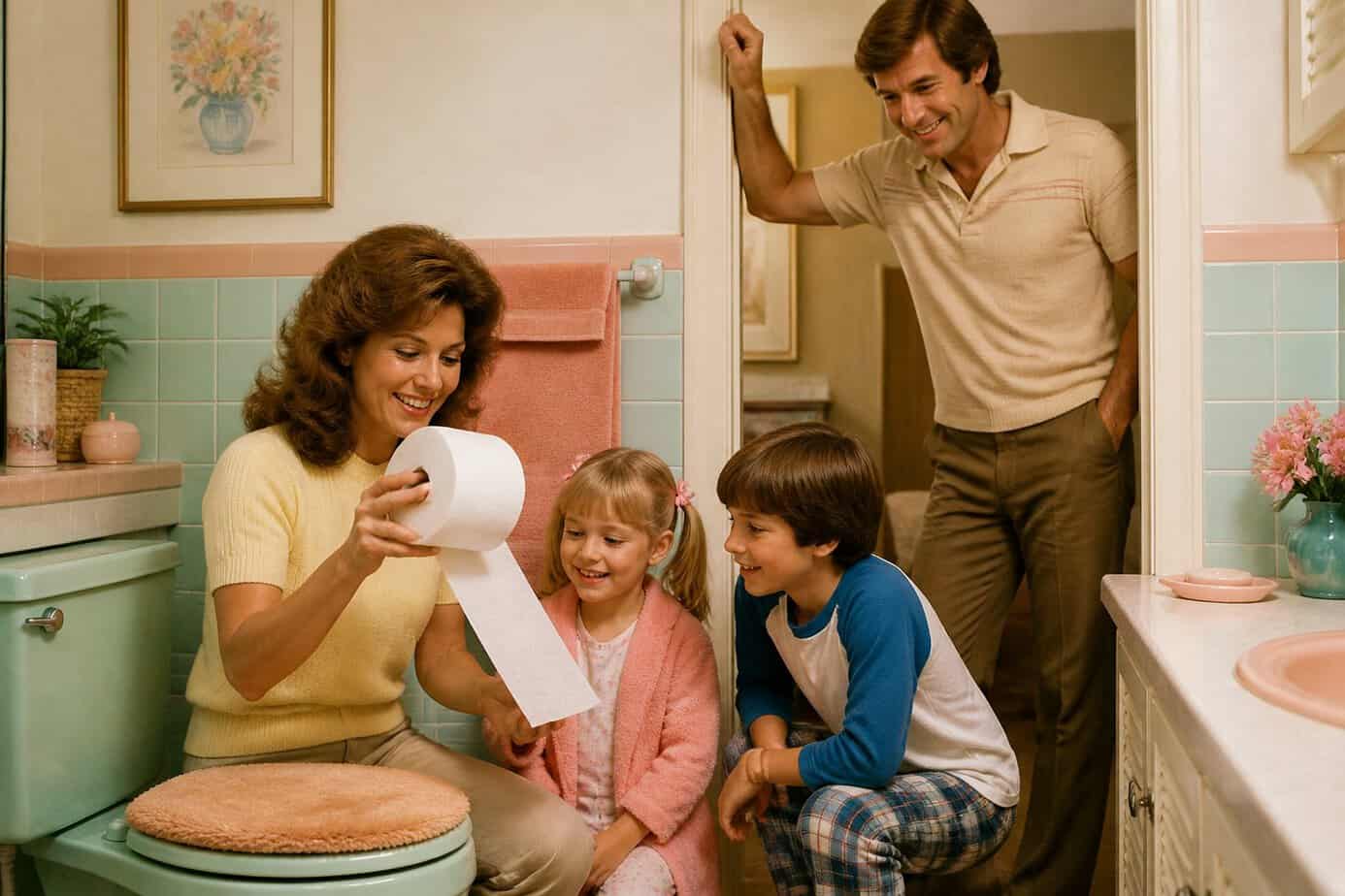 A family of four in a vintage bathroom sharing a lighthearted moment near the toilet, with the mother holding a roll of toilet paper.