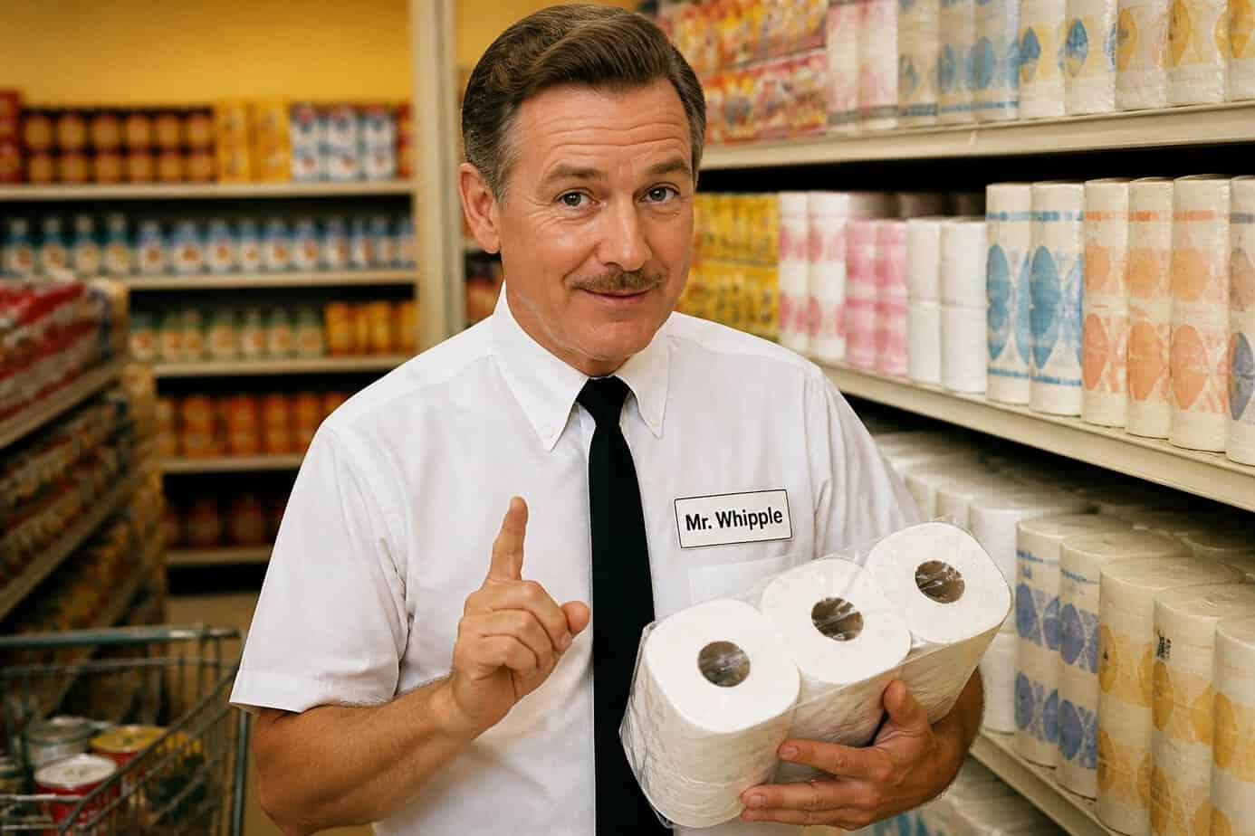 A middle-aged man in a grocery store aisle holding a pack of toilet paper and smiling gently.