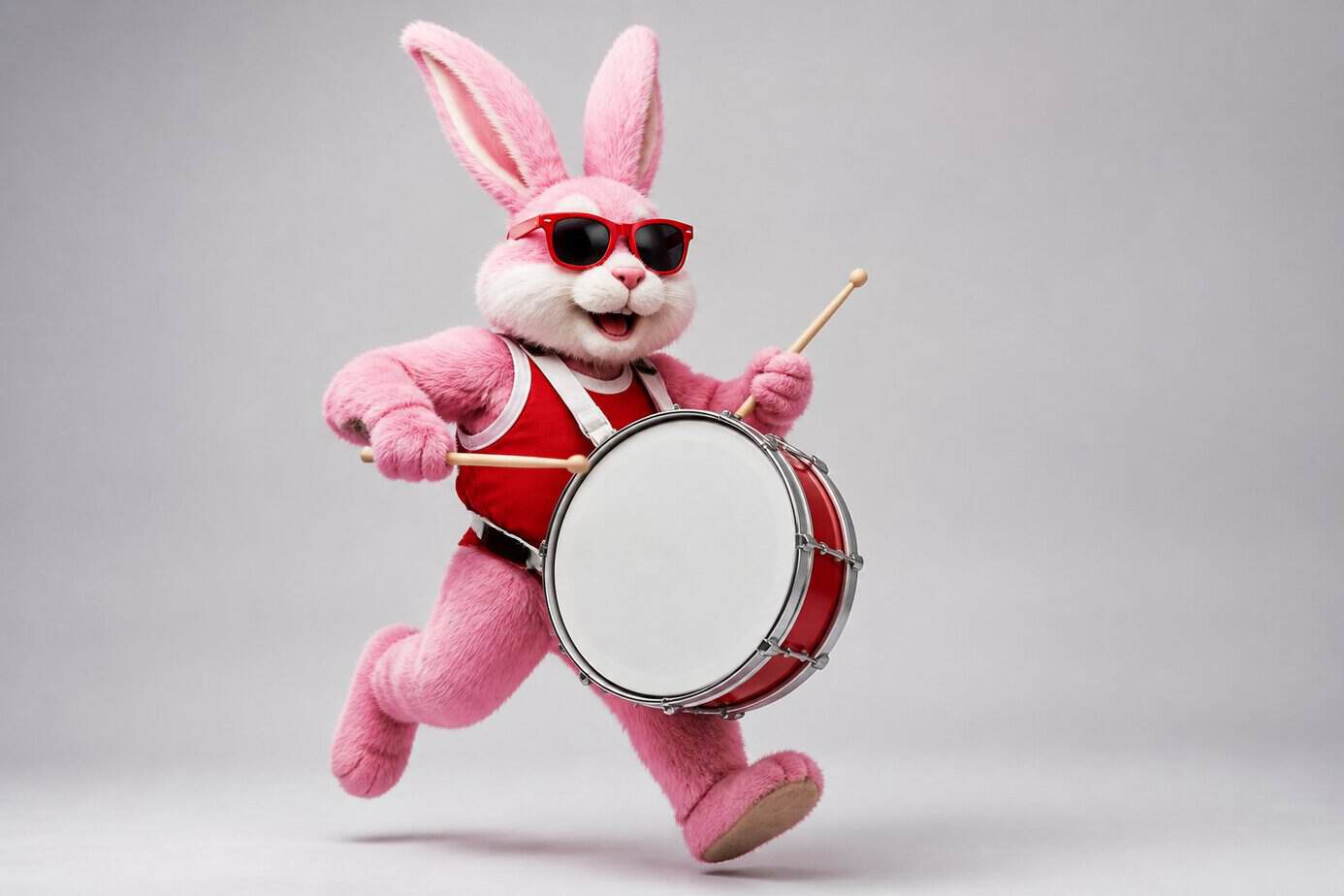 A pink rabbit mascot wearing sunglasses and a red tank top playing a drum while walking energetically.