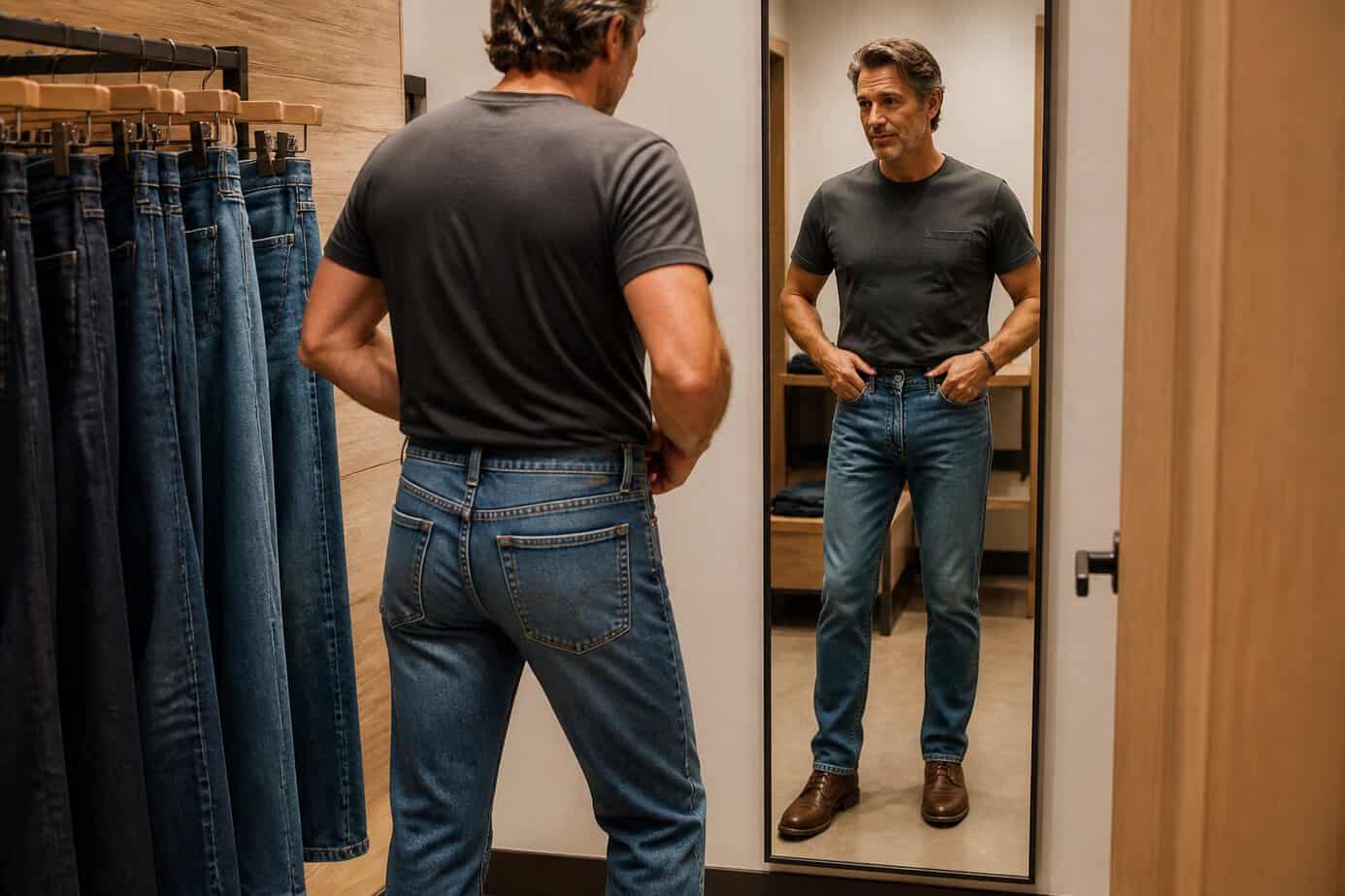 An adult in a fitting room tries on blue jeans while looking at themselves in a mirror.