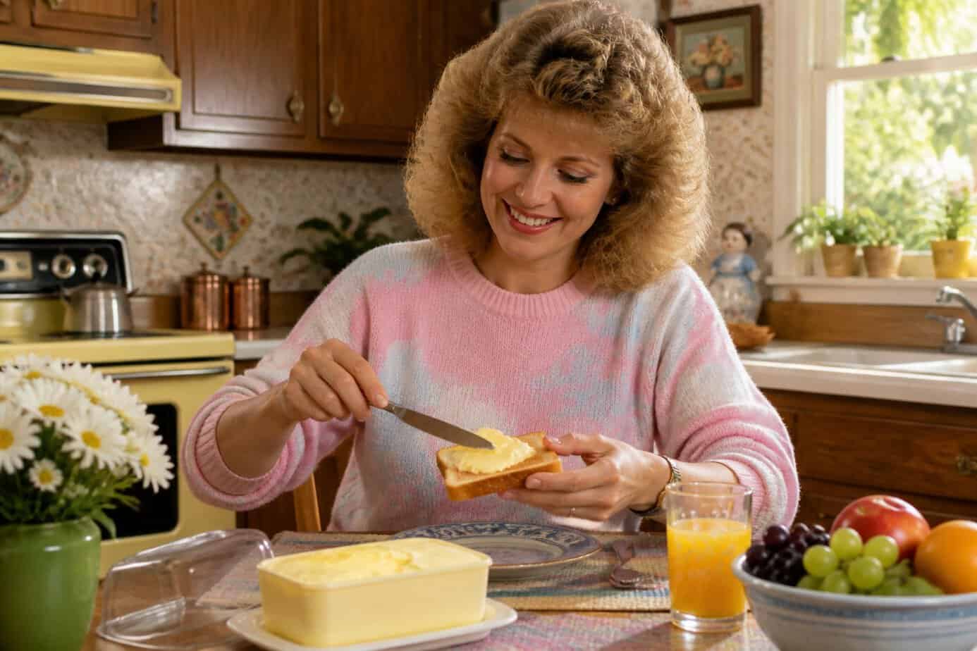 A smiling woman spreads a yellow butter substitute on toast in a bright 1980s kitchen during breakfast.
