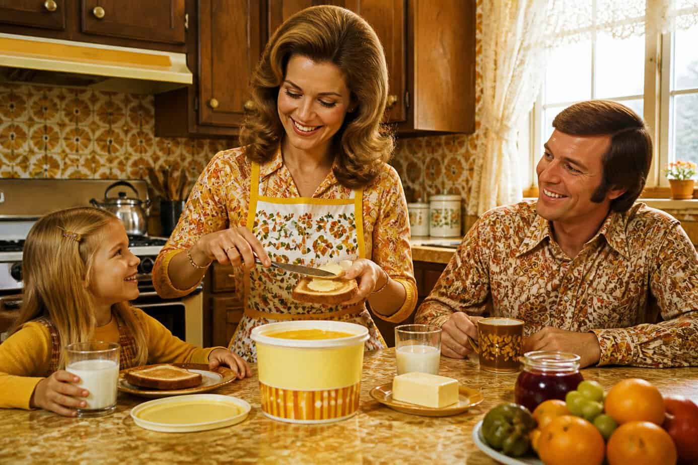 A 1970s family enjoying breakfast in a retro kitchen with a mother spreading margarine on toast.