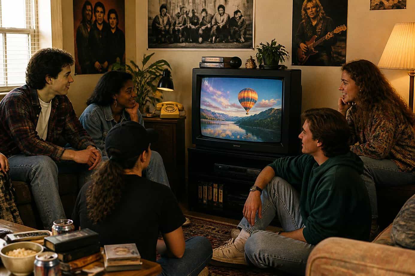 A group of young adults in 1990s clothing gathered around a CRT television in a cozy living room filled with 90s decor.