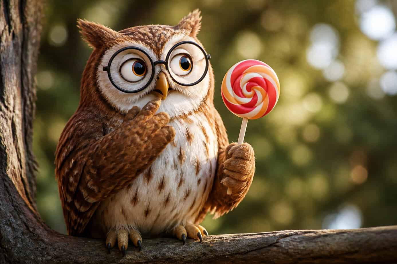 An owl perched on a tree branch holding a colorful lollipop in a forest setting.
