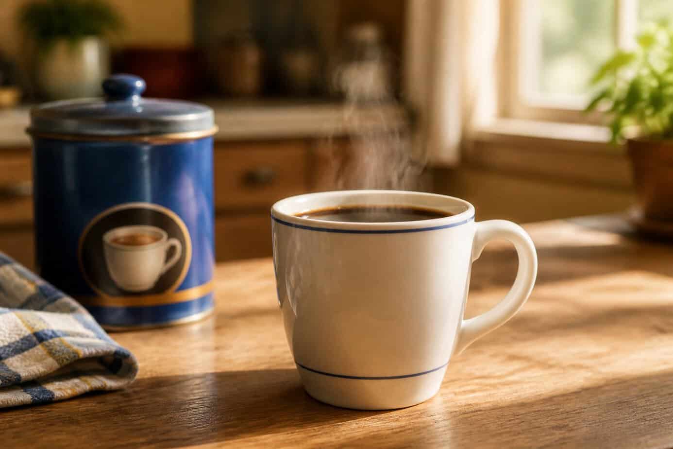 A steaming cup of black coffee on a wooden table in a cozy kitchen with soft morning light and a vintage coffee canister in the background.