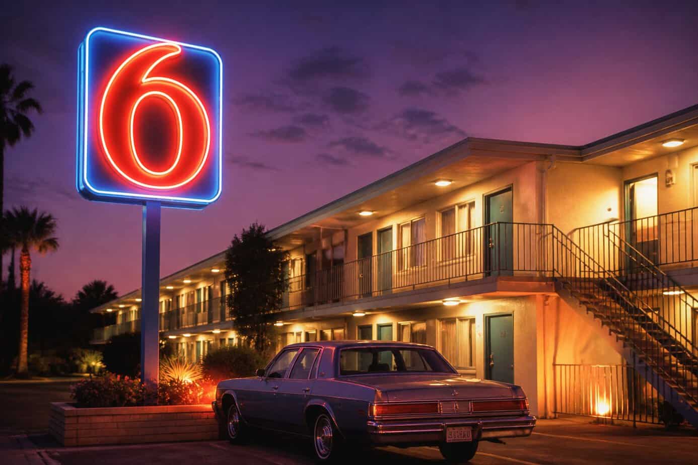 Exterior view of a retro 1980s motel at dusk with a glowing neon sign and a vintage car parked outside.