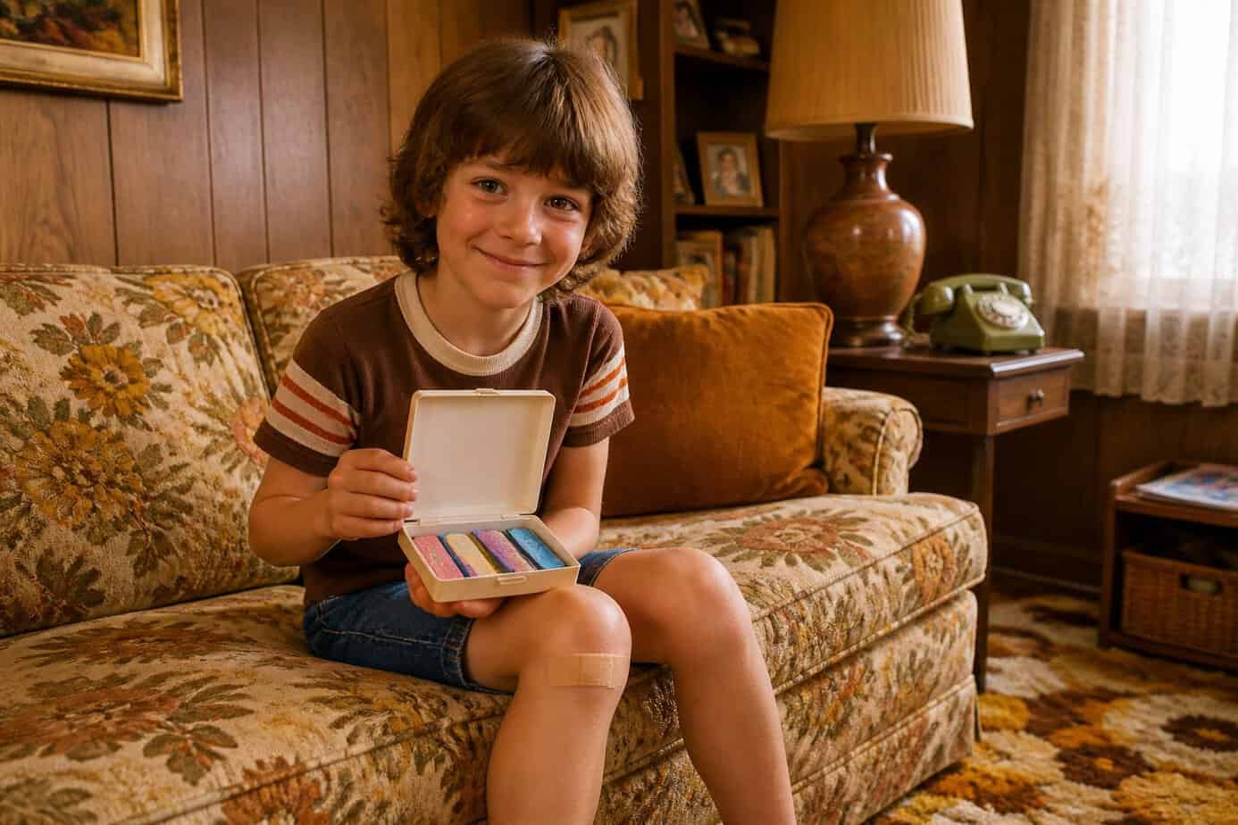 A young child sitting on a couch with a Band-Aid on their knee, holding a box of Band-Aids in a 1970s style living room.