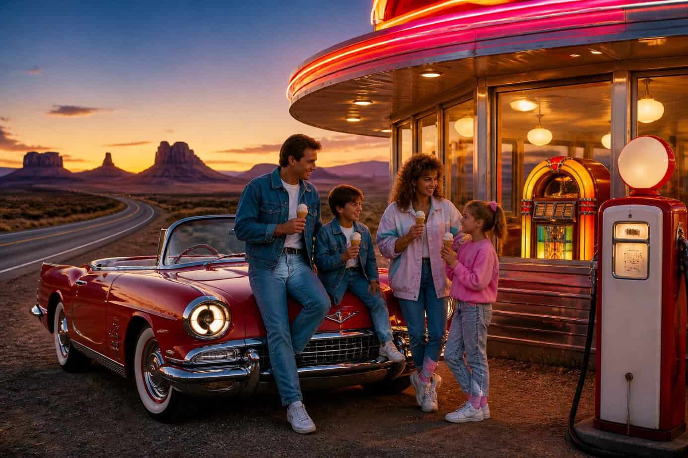 A family enjoying ice cream outside a retro diner beside a classic convertible car on a scenic Route 66 highway at dusk.
