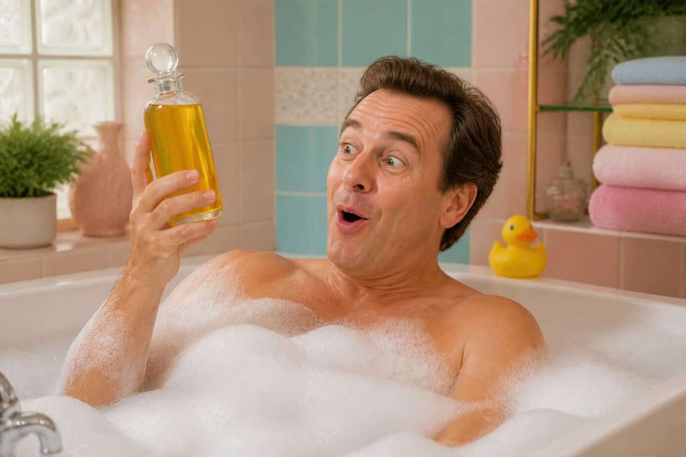 A middle-aged man smiling and relaxing in a bubble-filled bathtub surrounded by colorful 1990s-style bathroom decor.