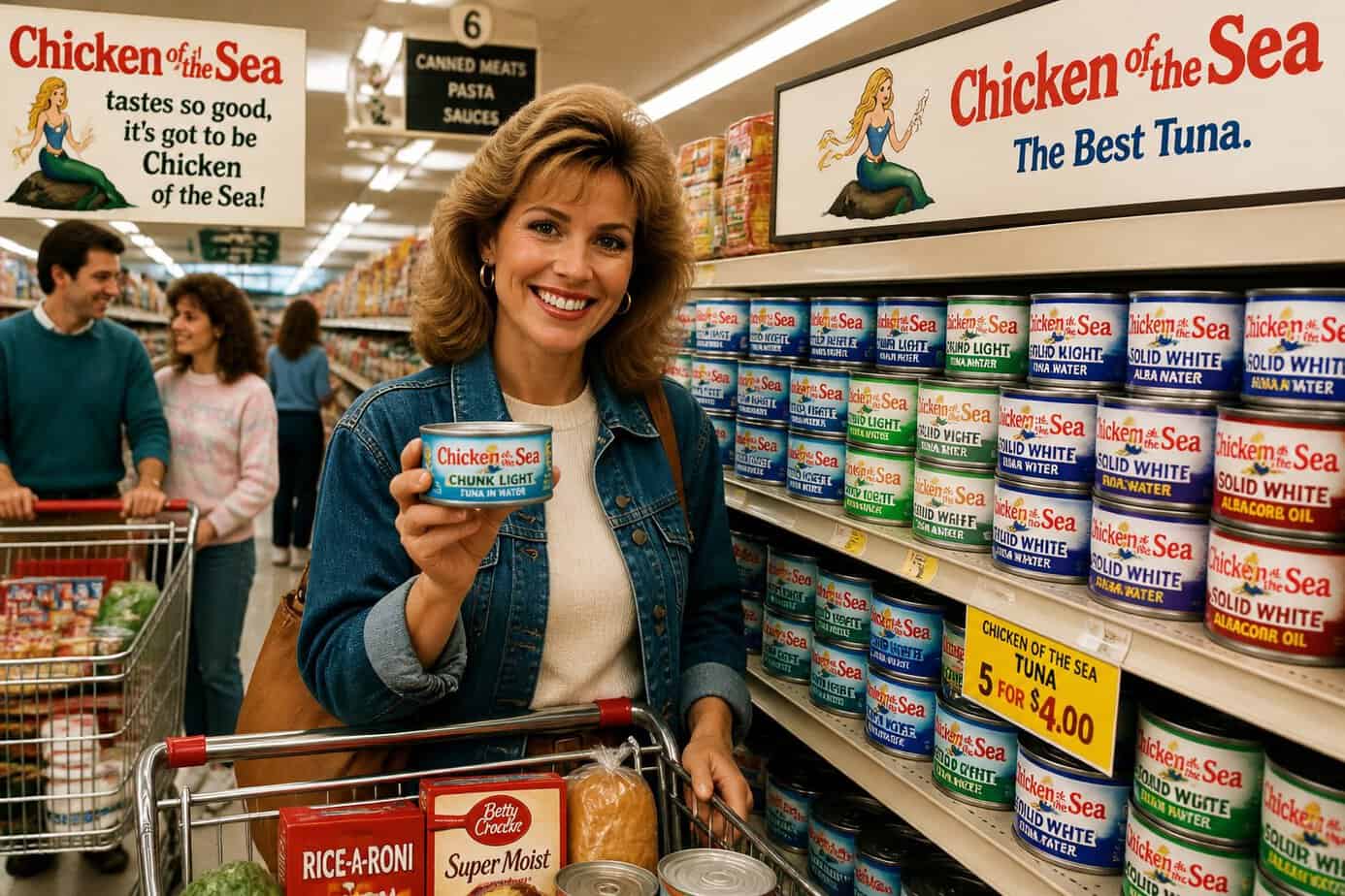 A woman smiling while holding a can of tuna in a brightly lit supermarket aisle filled with canned tuna products.