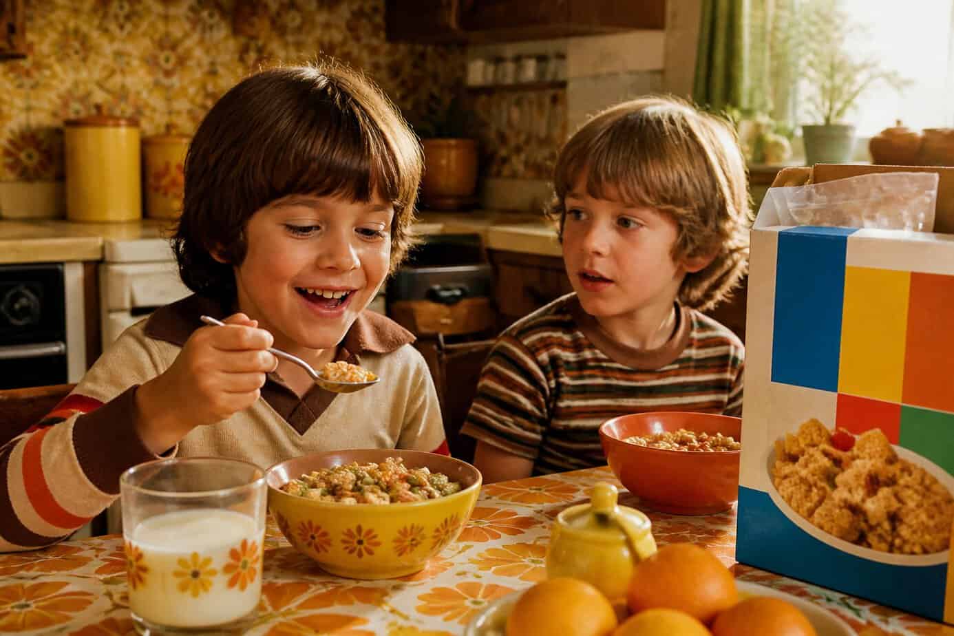 Two young boys eating cereal at a kitchen table with vintage 1970s decor, one boy smiling happily with a spoonful of cereal.