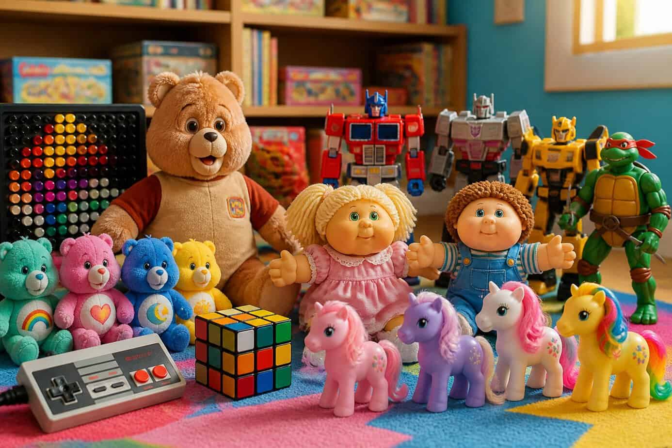 A collection of popular 1980s toys arranged on a playroom floor with a bookshelf in the background.