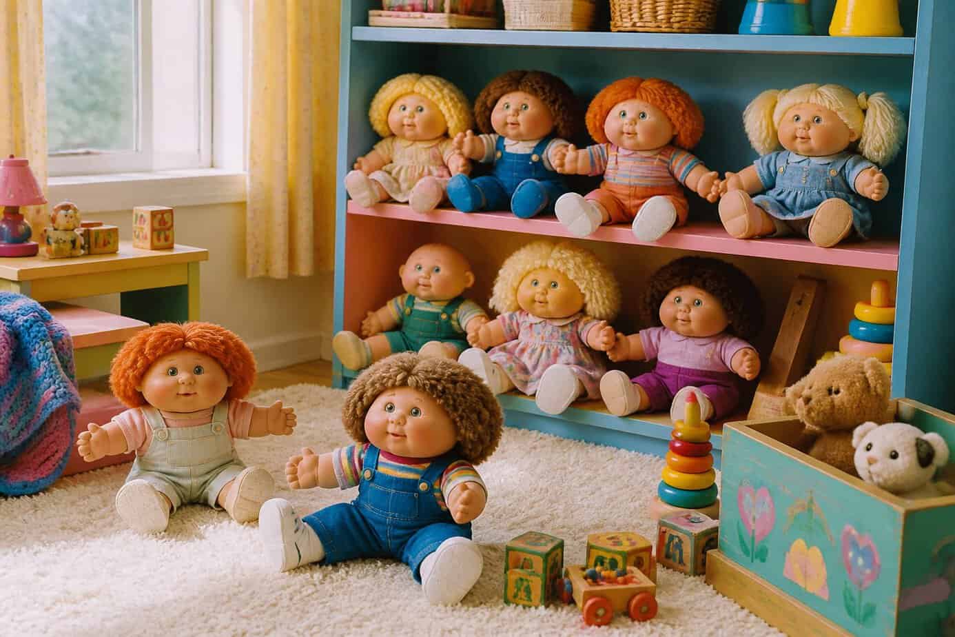 A collection of Cabbage Patch Kids dolls displayed on a shelf and floor in a children's playroom with toys and natural light.
