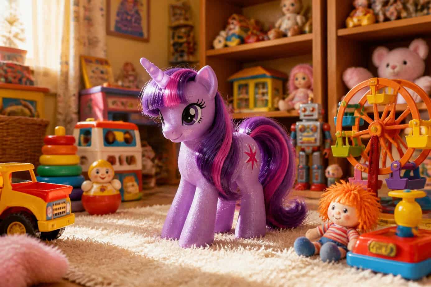 A colorful magic-themed pony toy surrounded by classic 1980s toys in a cozy playroom.