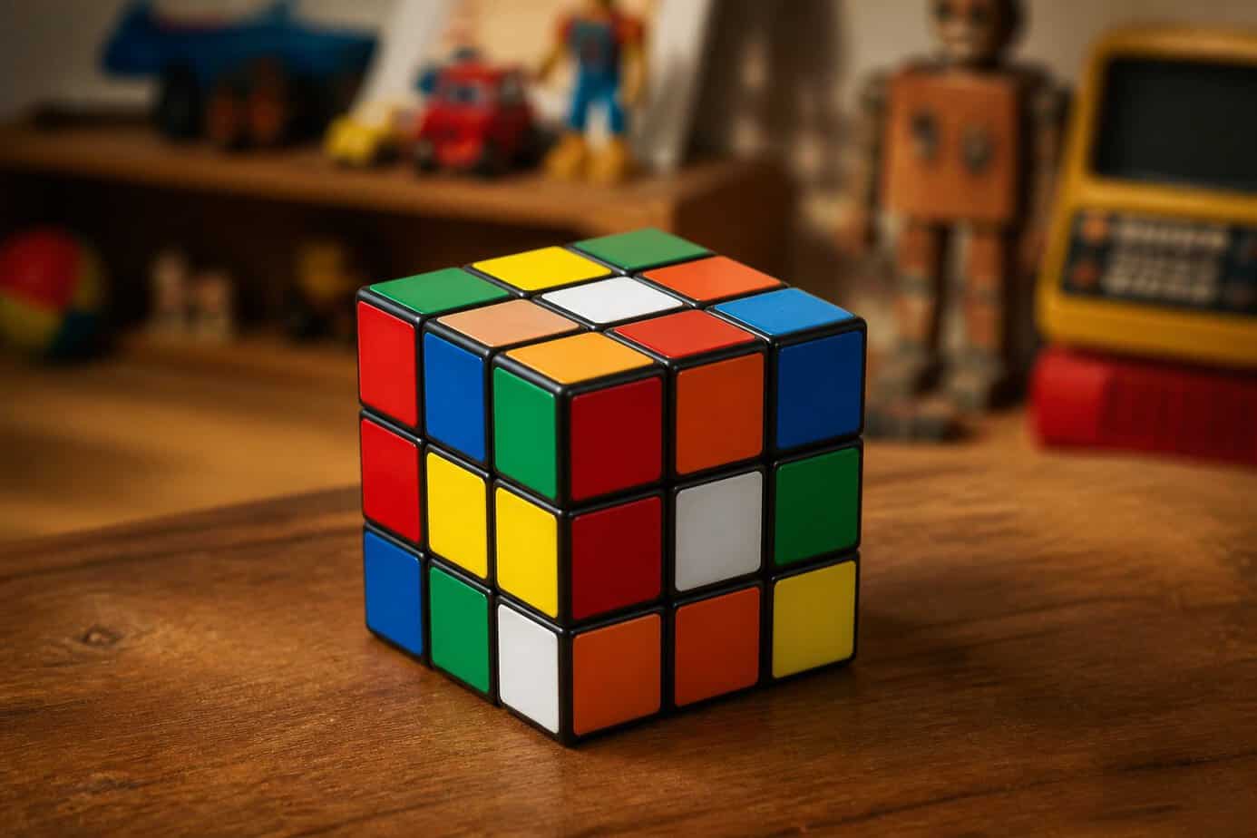 A Rubik's Cube with mixed colors sitting on a wooden table in a softly lit room with blurred vintage toys in the background.