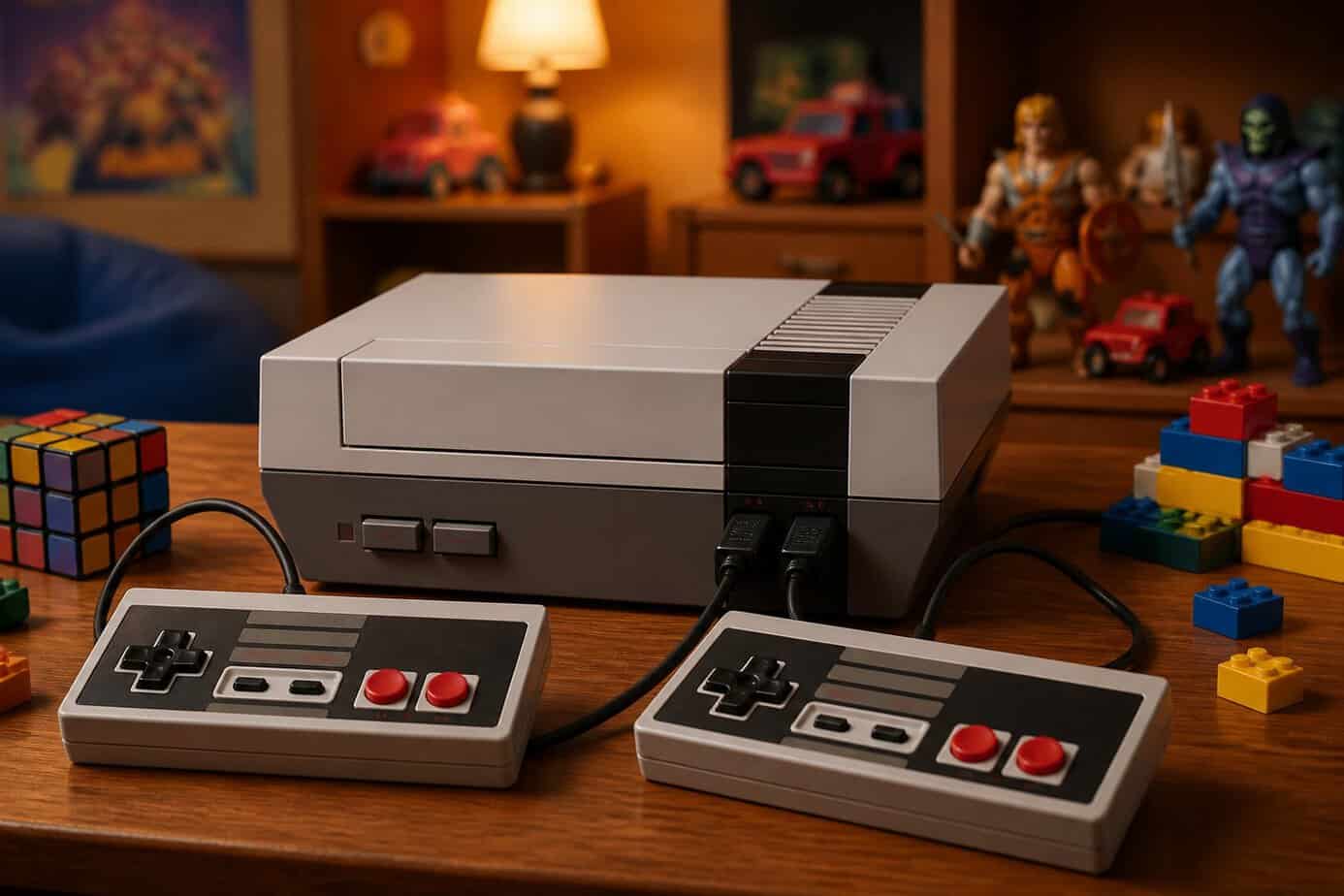 A Nintendo Entertainment System console with two controllers on a wooden table in a child's playroom with vintage toys around.