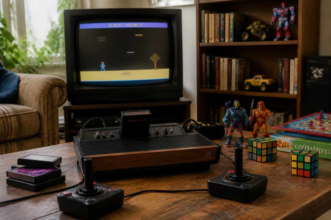 Atari 2600 game console on a wooden table connected to a vintage TV showing a pixelated game, surrounded by 1980s toys in a cozy living room.