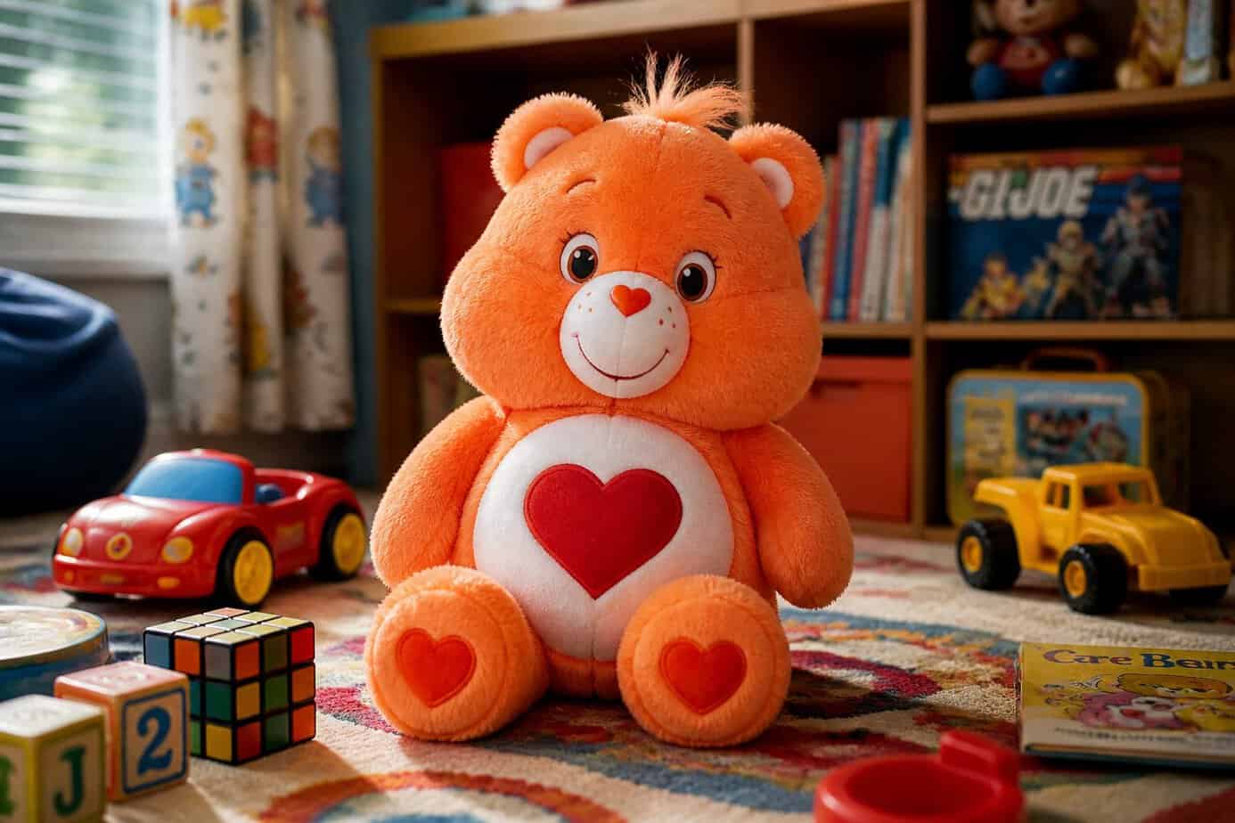 A Tenderheart Bear plush toy sitting on a colorful rug in a children's playroom surrounded by vintage 1980s toys.